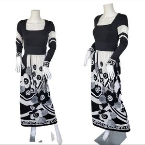 Vtg 70s Black White Op Art Floral Maxi